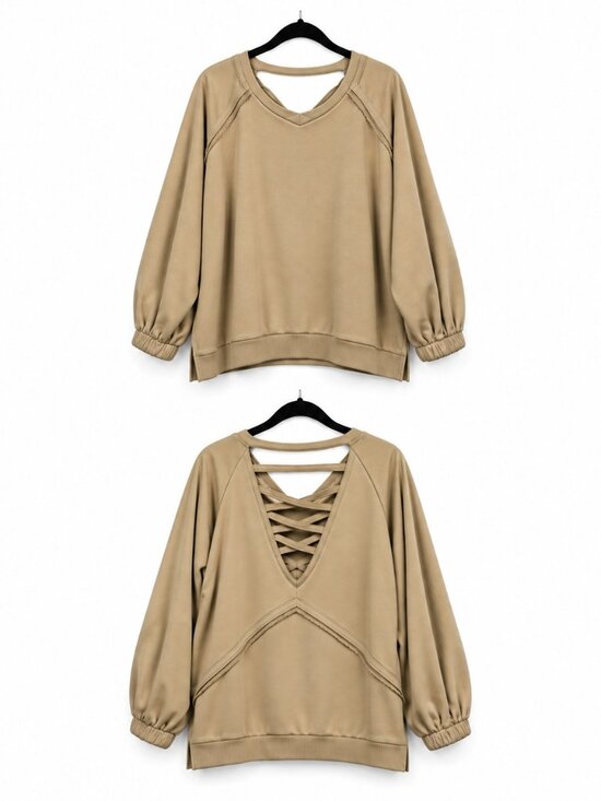 POL Sweaters - POL TKT622 Criss Cross Open Back French Terry Sweatshirt Tan L